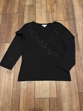 Dressbarn Black Beaded Floral V-Neck Faux Wrap Top